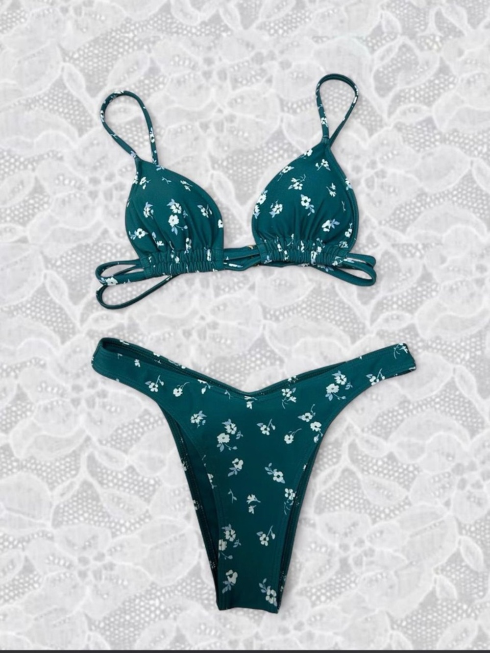 Stunning Hollister dark green Floral Triangle Bikini Set <33 !
